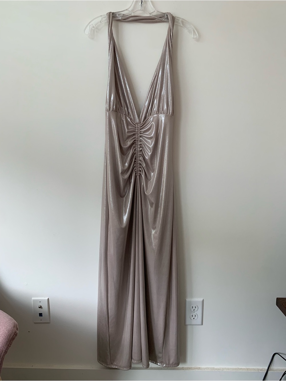 NWT Vintage Zara Medium Shimmering Metallic Taupe Backless Halter Dress 70s vibe